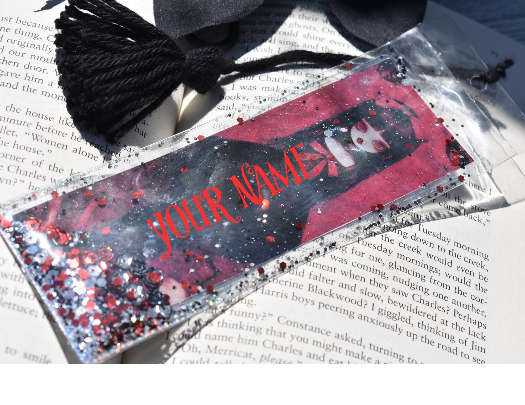Double Side Print Gothic Girl Glitter & Sequin Shaker Bookmark Book Lovers Stocking Stuffer Gifts Kids Halloween Dark Mood