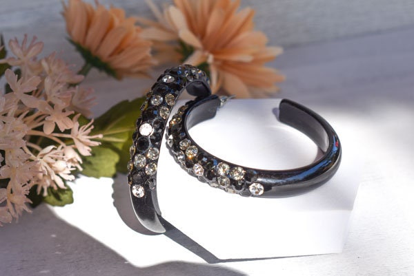 Black Diagonal Pattern Statement Acrylic Lucite Clear-Smoke-Black Rhinestones 2.5" Women's Hoop Earrings Pageant Weddings Night Out