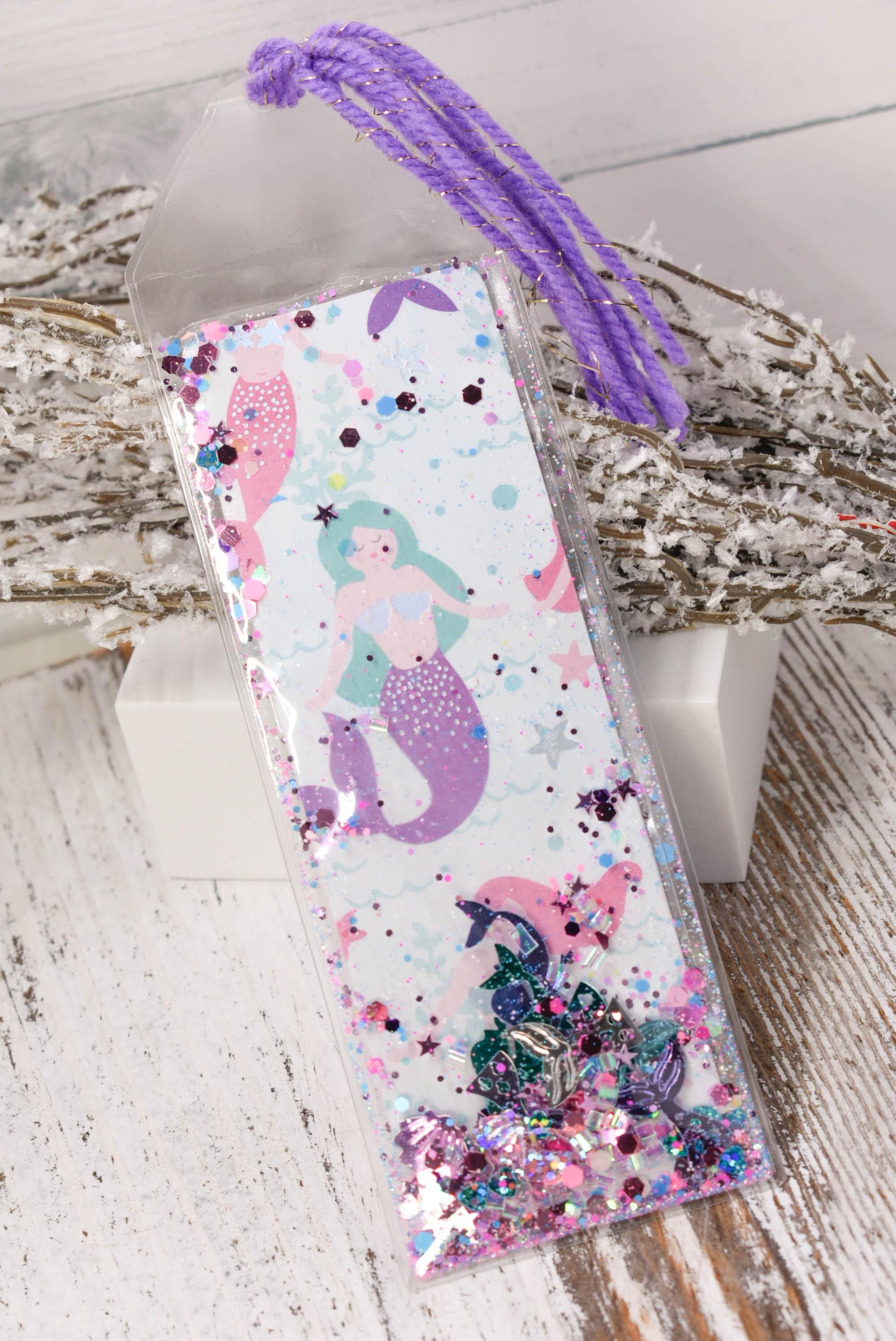 Mermaid Print Sea Theme Glow In The Dark Glitter & Sequin Shaker Bookmark Book Lovers Stocking Stuffer Gifts Kids