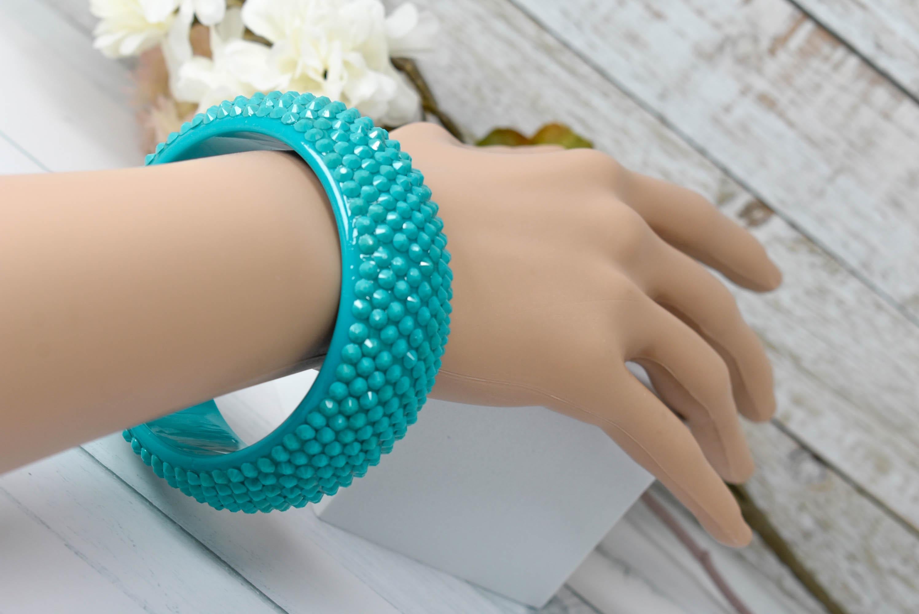 Retro Neon Aqua Blue Chunky Rhinestone Embellished Summer Bangle Bracelet