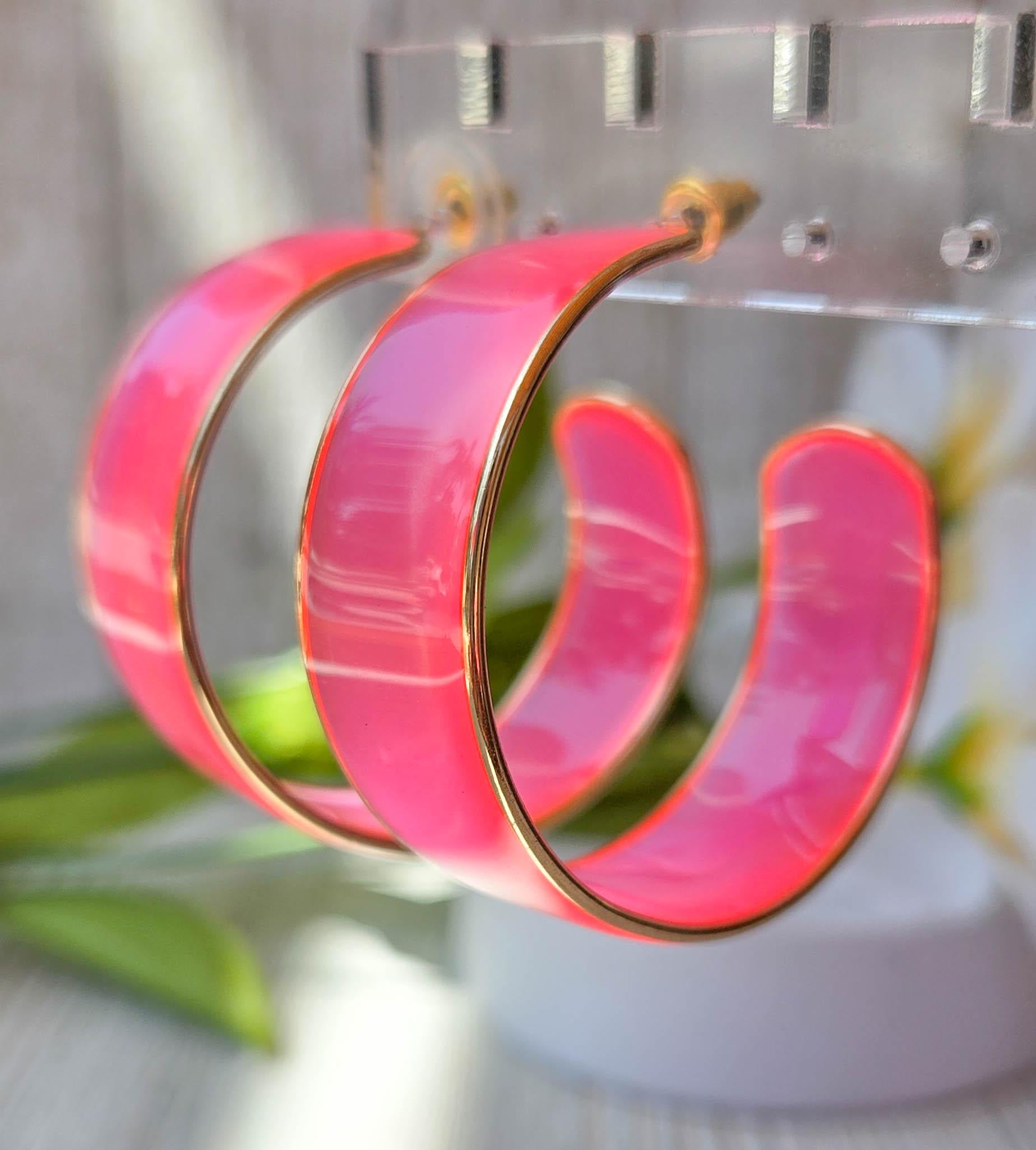 80's Fun Retro Vibes Gold Color Trim Translucent Neon Pink Boho Statement Hoop Earrings