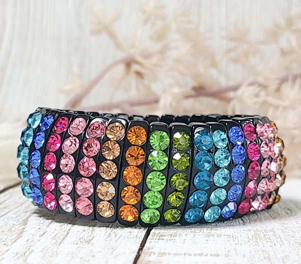 Black Stretch Segmented Bracelet with Multicolor Rhinestones Women's Fashion Statement Jewelry Pageant Night Out