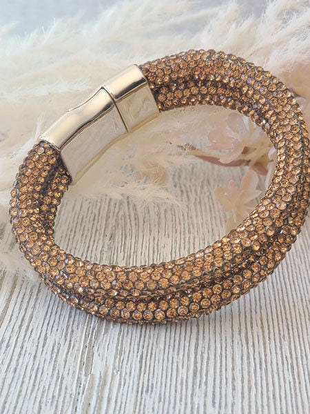 Topaz Gold Color Pave Rhinestones Flexible Cuff Bangle Magnetic Bracelet Statement Bling Fashion Pageant Night Out Wedding