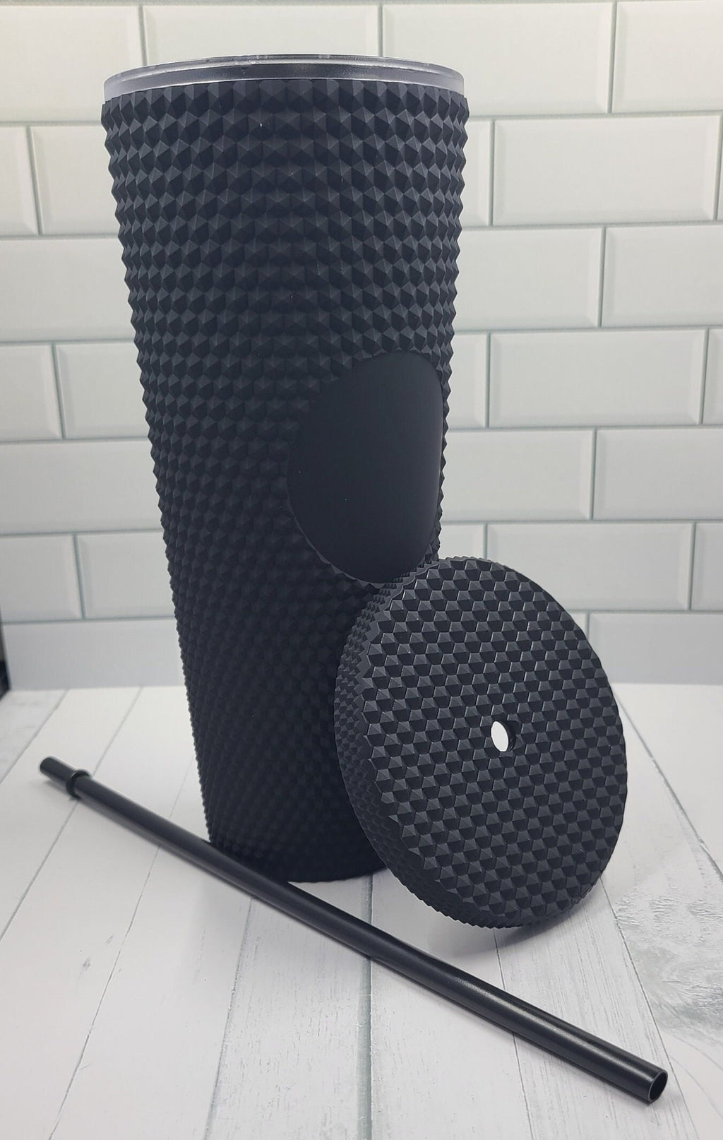 24oz Black Matte Studded Soft Texture To Go Travel Tumbler Cup Blank Center Circle with Lid and Matching Straw