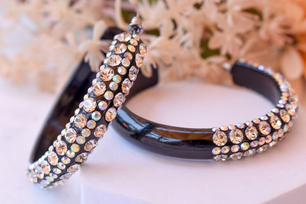 Black 5 Row Bling Statement Acrylic Lucite AB/Clear Rhinestones 2.5" Women's Hoop Earrings Pageant Weddings Night Out Diva Pageant