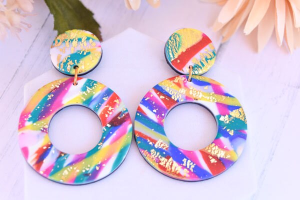 Boho Fashion Statement Handmade Multicolor Polymer Clay "Annie" Dangle Drop Earrings Gifts Women Gold Flakes