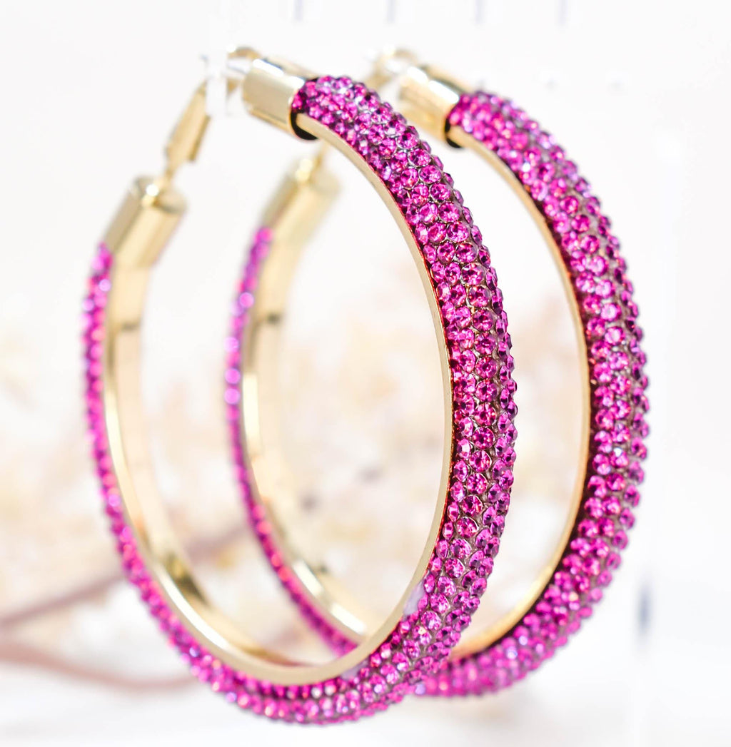 2.5" Large Fuschia Pink Bling Diva Pave Resin Set Rhinestone Hoop Earrings Women Party Night Out