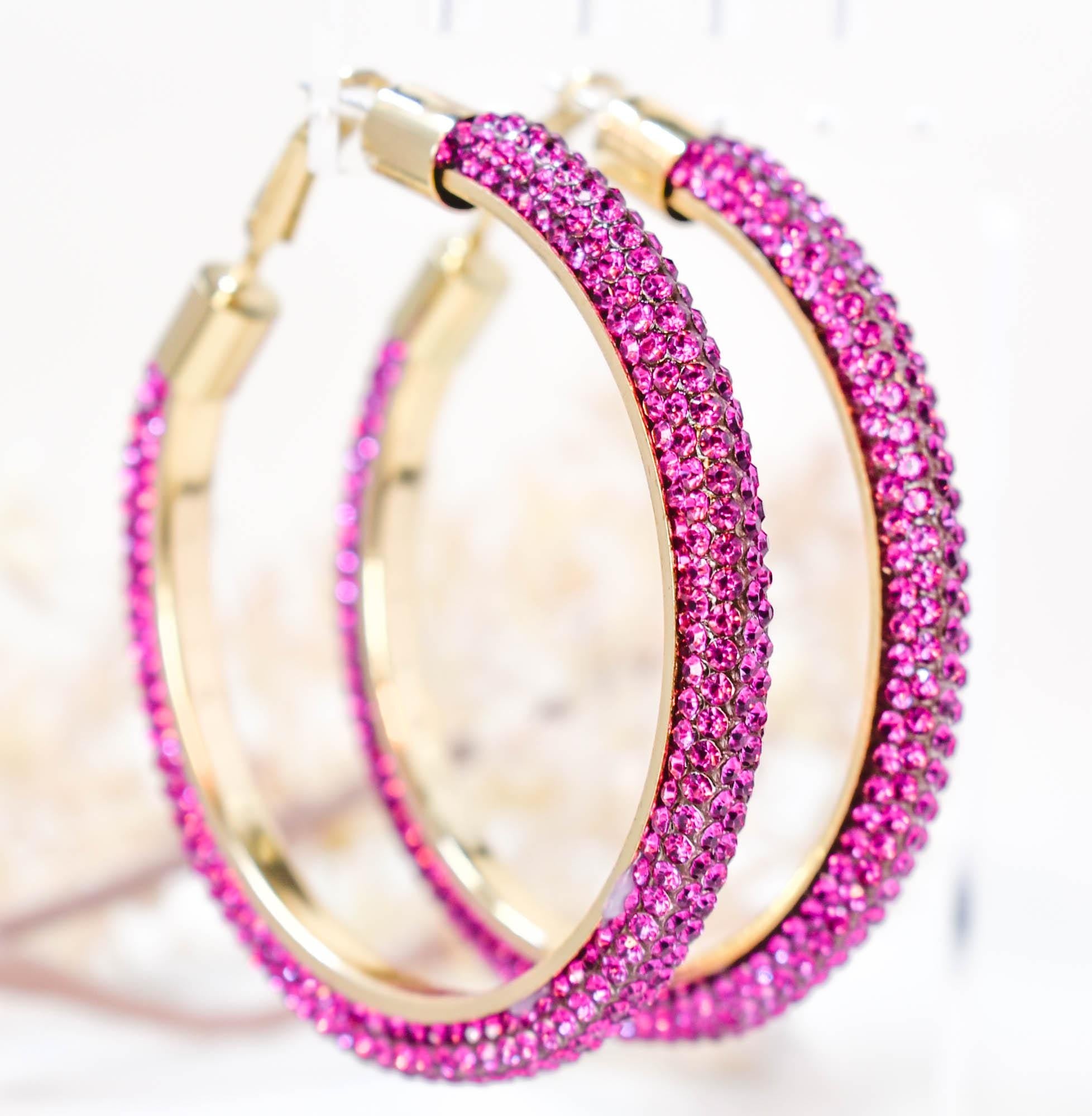2.5" Large Fuschia Pink Bling Diva Pave Resin Set Rhinestone Hoop Earrings Women Party Night Out
