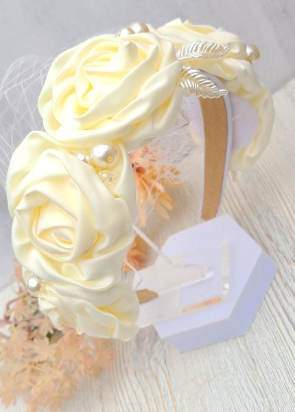 Ivory Satin Rose Bridal Headband: Wedding Veil Fascinator