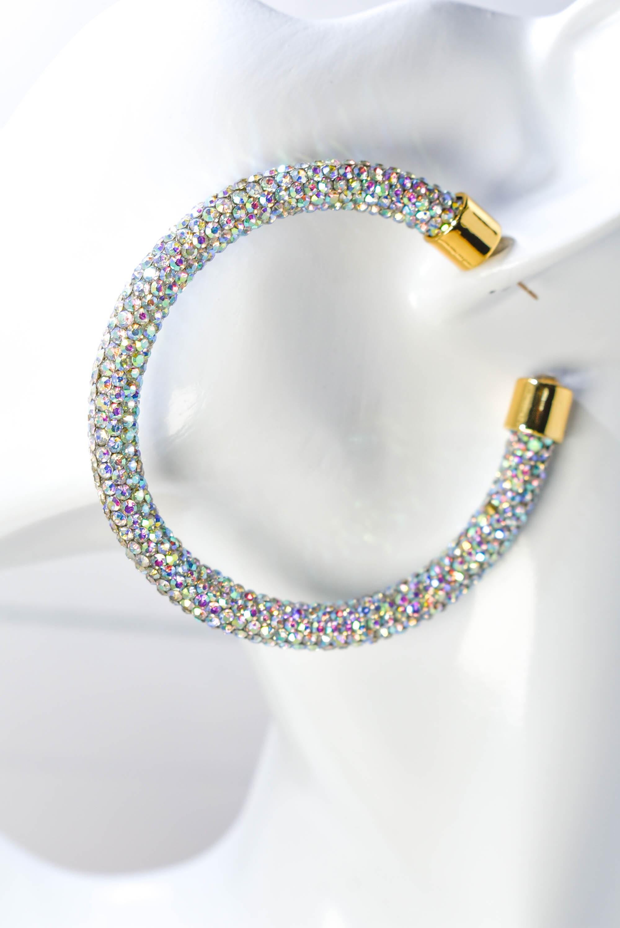 2.5" Ladies Bohemian Clear Iridescent Rhinestone Sparkle Wrap Pave Open Hoop Earrings Stone Accent Women Party Night Out