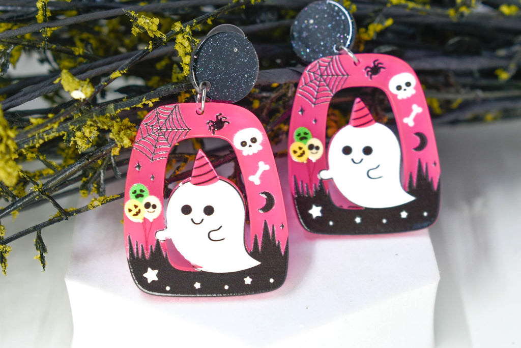 Abstract Shape Halloween Cute Ghost Glitter Acrylic Neon Pink Holiday Women Girls Dangle Earrings Emo Goth Steampunk