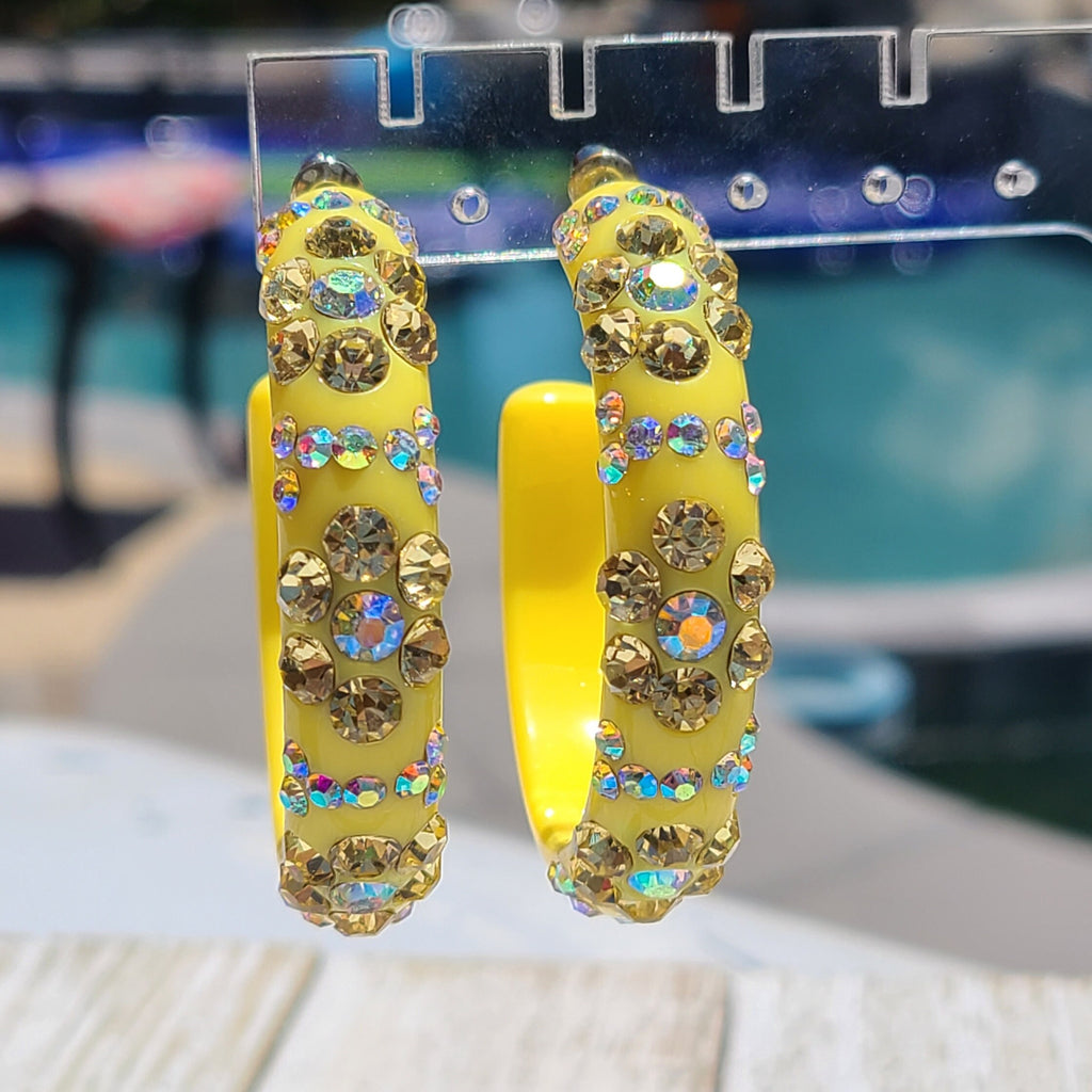 Yellow Floral Flower Pattern Statement Acrylic Lucite Clear/Yellow Rhinestones 2" Women's Hoop Earrings Pageant Weddings Night Out