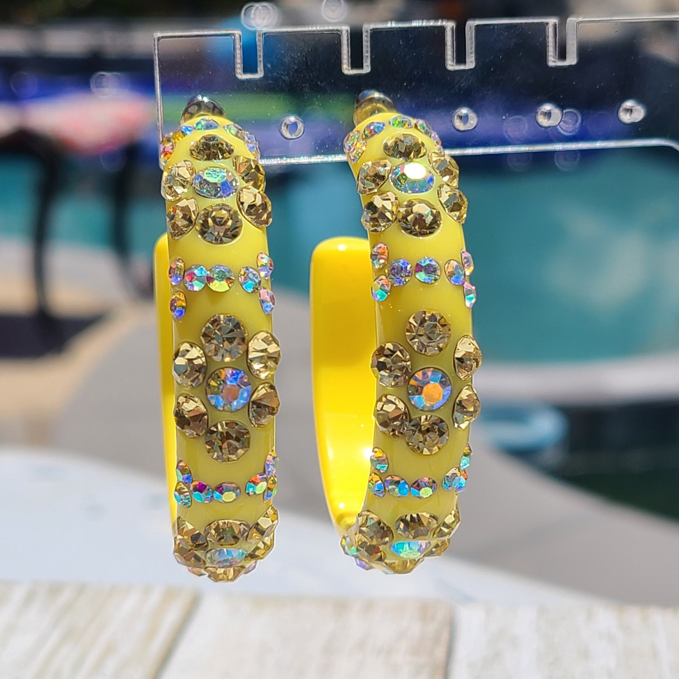 Yellow Floral Flower Pattern Statement Acrylic Lucite Clear/Yellow Rhinestones 2" Women's Hoop Earrings Pageant Weddings Night Out