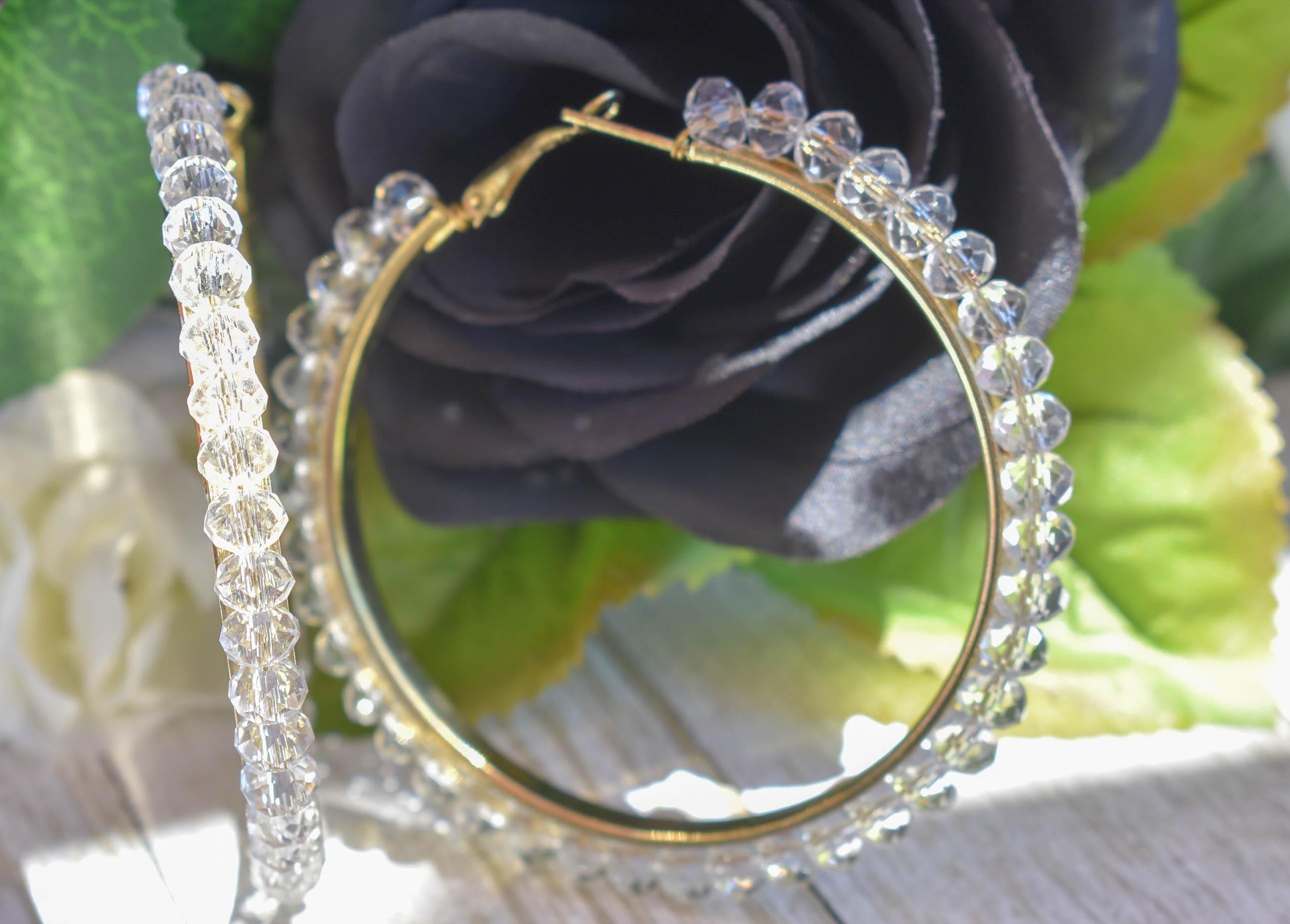 Statement Boho Clear Crystal Glass Beads 2.75" Gold Tone Hoop Earrings Stylish Jewelry Women's Fashion Diva Accessories Pageants