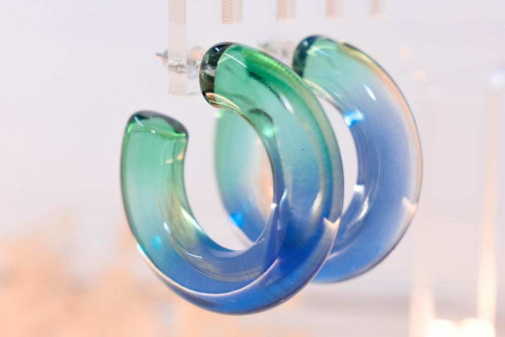 Translucent Gradient Teal Blue Retro Boho Semi Chunky Lucite Ombre Jelly 1.5" Hoop Earrings