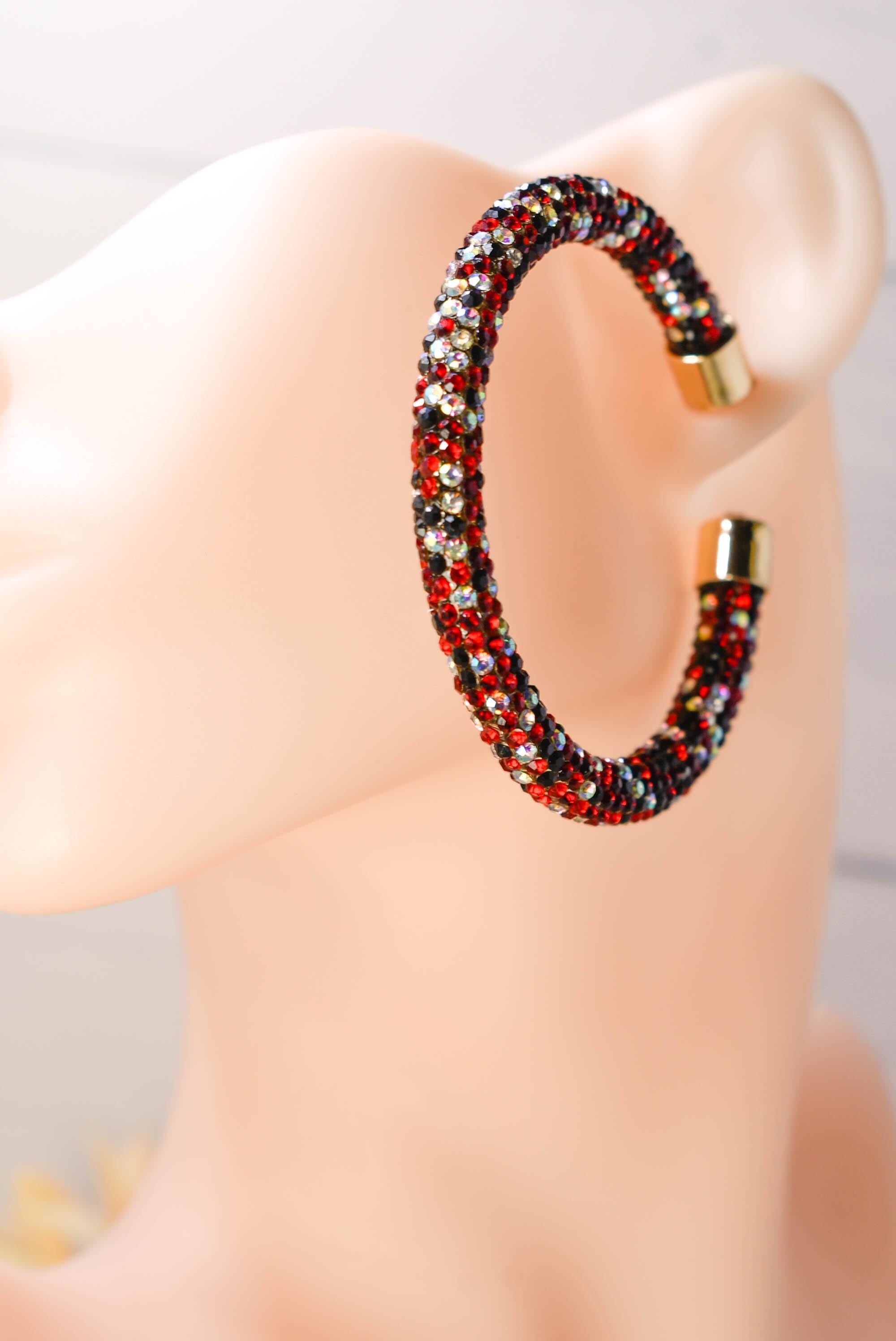 2.5" Ladies Bohemian Multi Tone Red Black Clear Rhinestone Sparkle Wrap Pave Open Hoop Earrings Stone Accent Women Party Night Out Bling