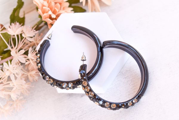 Black Diagonal Pattern Statement Acrylic Lucite Clear-Smoke-Black Rhinestones 2.5" Women's Hoop Earrings Pageant Weddings Night Out