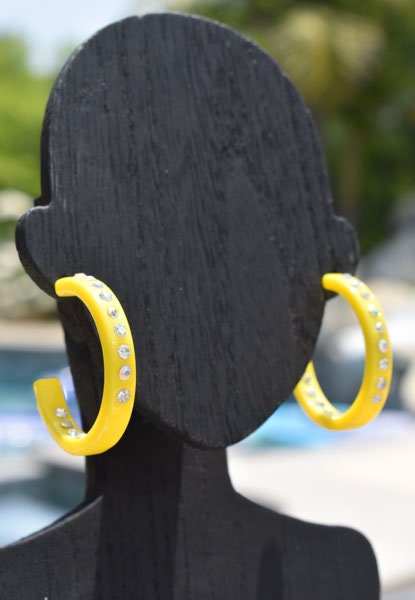 Yellow Color Single Row Bling Statement Lucite White Inner & Outer Rhinestones 2" Women's Hoop Earrings Pageant Weddings Night Out