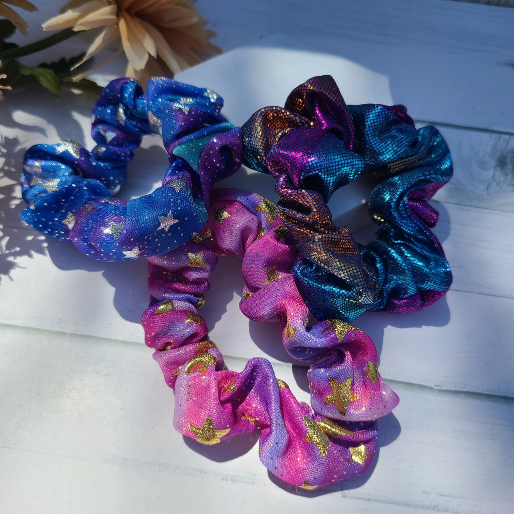 Set of 10 Retro 80's Metallic Hair Pony Tail Scrunchies for Women, Summer Hair Ties, Hair Accessories for Long Hair