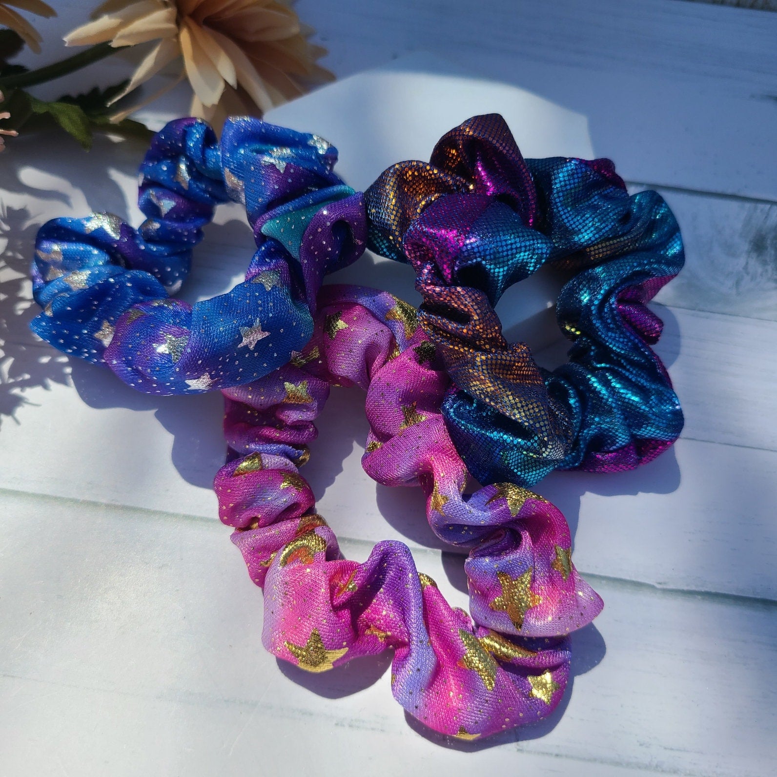 Set of 10 Retro 80's Metallic Hair Pony Tail Scrunchies for Women, Summer Hair Ties, Hair Accessories for Long Hair