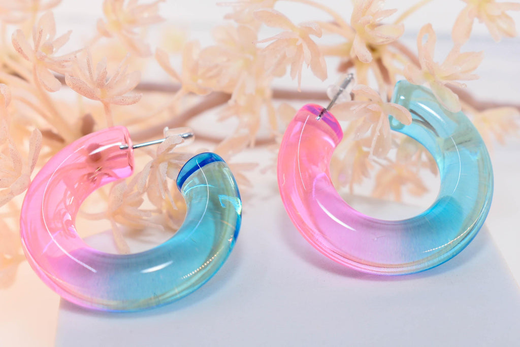 Translucent Gradient Pink Blue Retro Boho Semi Chunky Lucite Ombre Jelly 1.5" Hoop Earrings