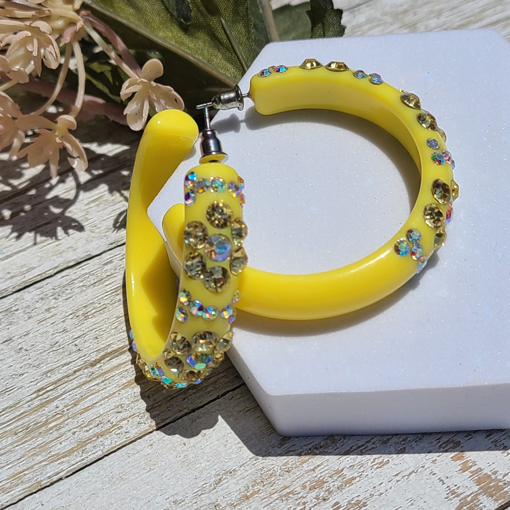 Yellow Floral Flower Pattern Statement Acrylic Lucite Clear/Yellow Rhinestones 2" Women's Hoop Earrings Pageant Weddings Night Out