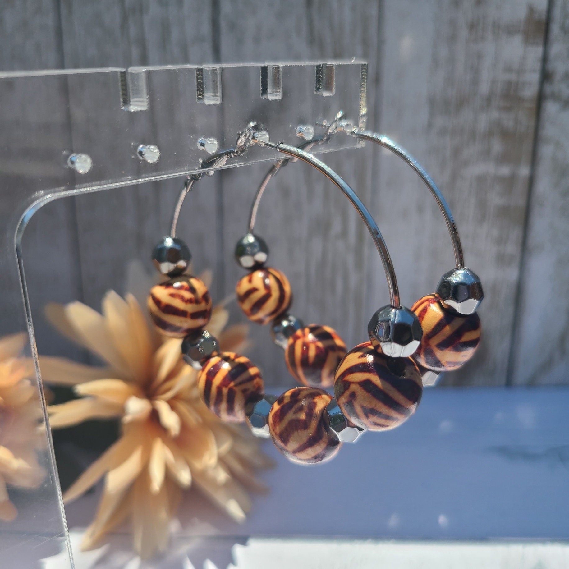 Statement Zebra Safari Animal Print Wooden Bead Hoop Earrings Women Vacation Themed Party