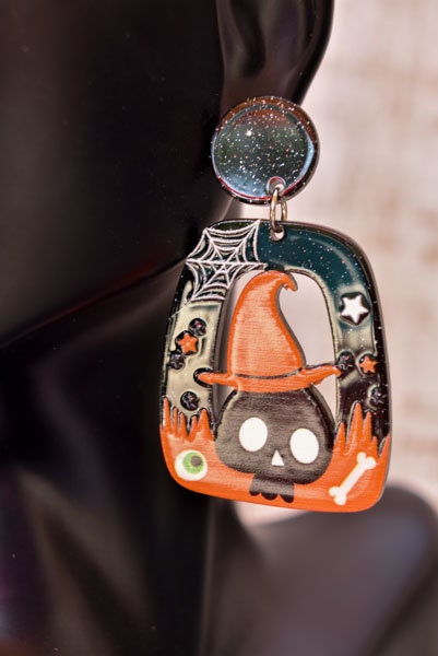 Abstract Shape Halloween Cute Skull Witch Hat Glitter Acrylic Holiday Women Girls Dangle Earrings Emo Goth Steampunk
