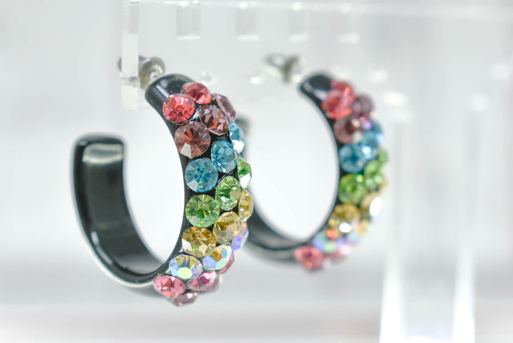 Black Diagonal Pattern Bling Lucite Light Multicolor Rhinestones 1.25" Hoop Earrings Pageant Weddings Night Out