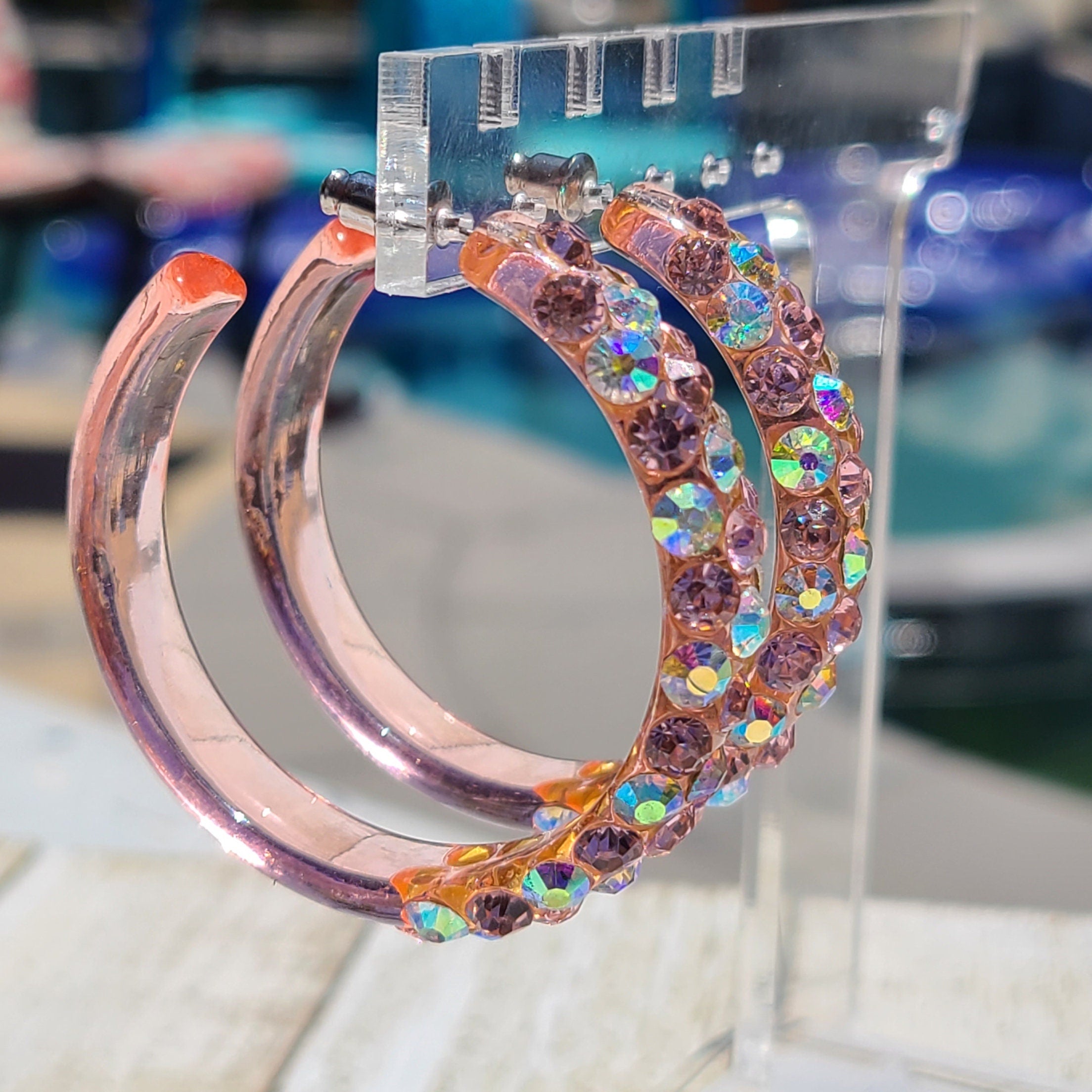 Translucent Pink Bling Statement Acrylic Lucite Clear Pink/AB Rhinestones 2" Women's Hoop Earrings Pageant Weddings Night Out