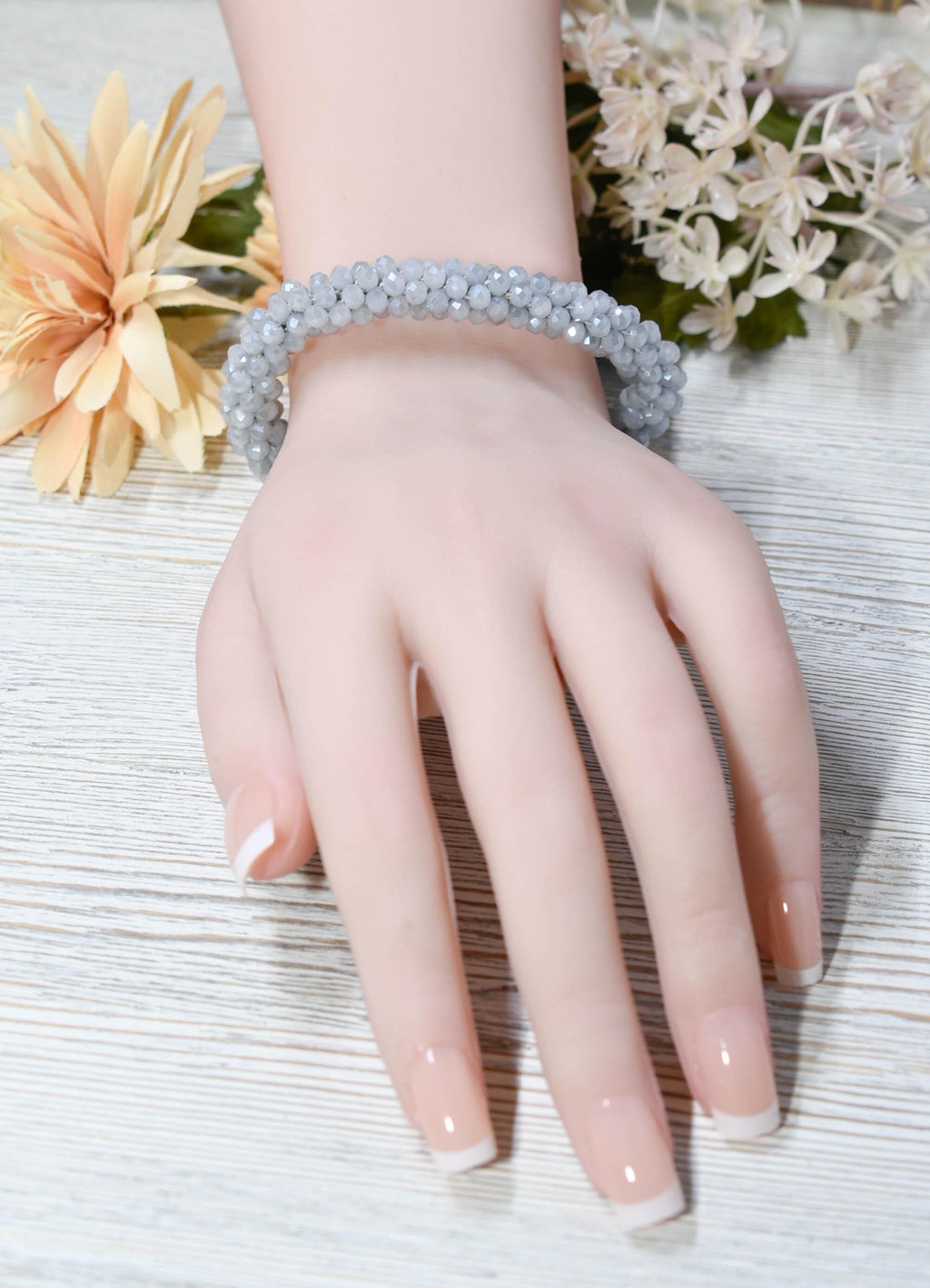 Elegant Light Gray Mini Glass Crystal Bead Cluster Stretch Bracelet