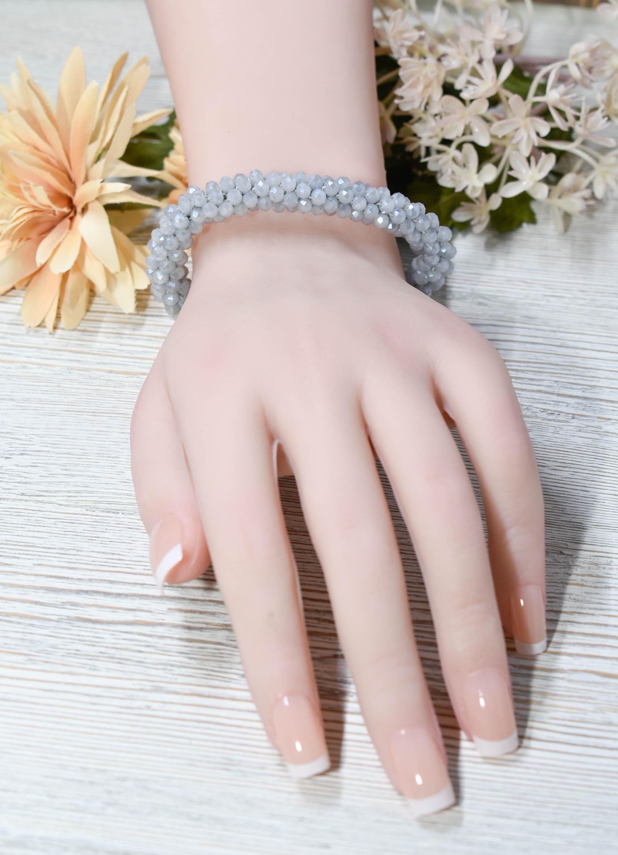 Elegant Light Gray Mini Glass Crystal Bead Cluster Stretch Bracelet