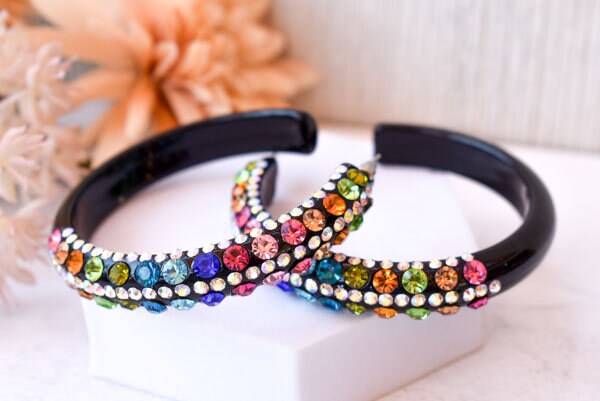 Black 5 Row Bling Statement Acrylic Lucite Multicolor Rhinestones 2.5" Women's Hoop Earrings Pageant Weddings Night Out Diva Pageant