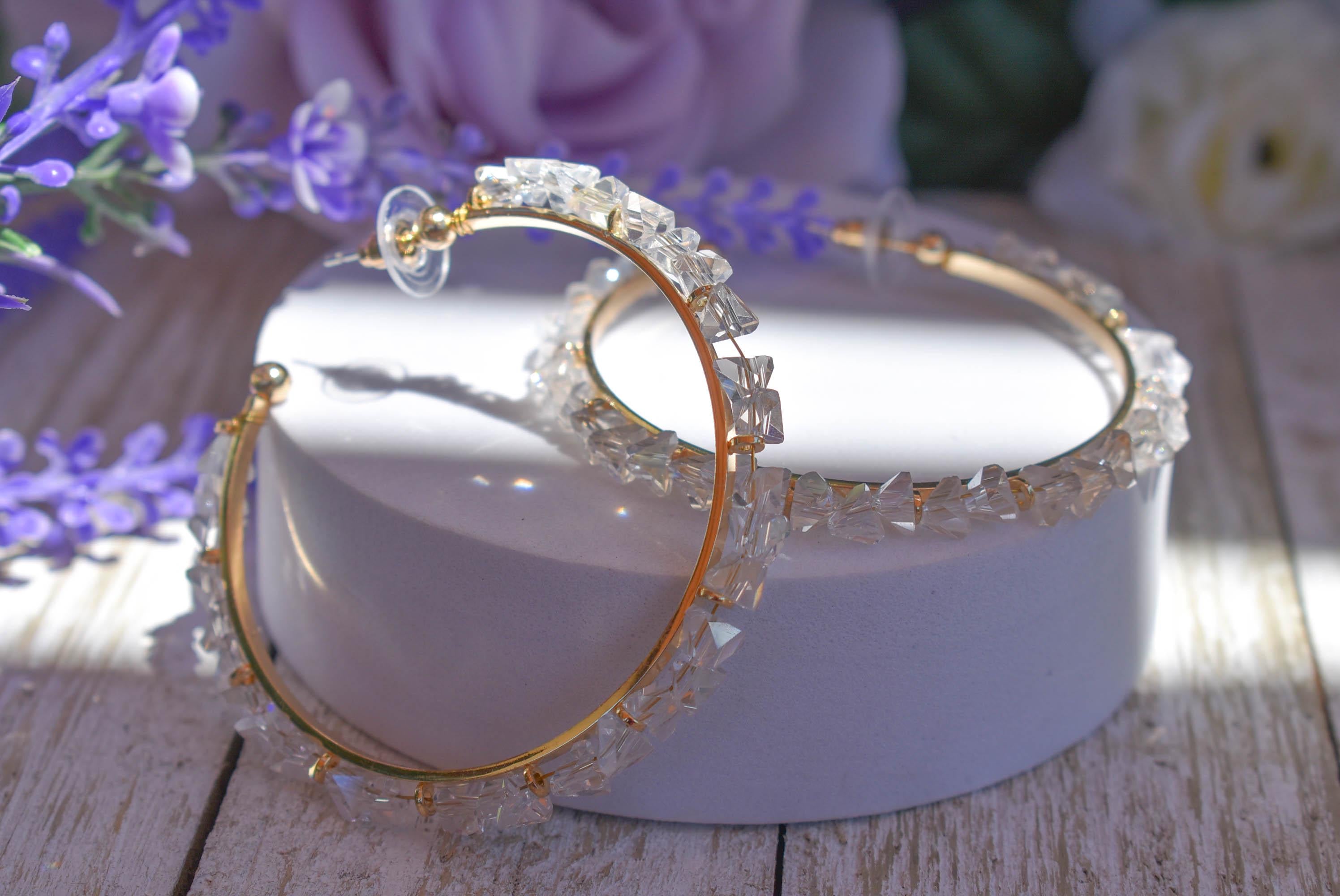 Statement Boho Clear Glass Pyramid Cut Beads 2.5" Gold Tone Hoop Earrings Stylish Jewelry Women's Fashion Diva Accessories