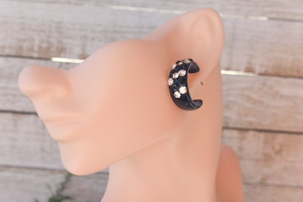 Black Bling Statement Semi Wide Lucite Black/Clear Diagonal Rhinestones 1" Women's Hoop Earrings Pageant Weddings Night Out Diva Pageant