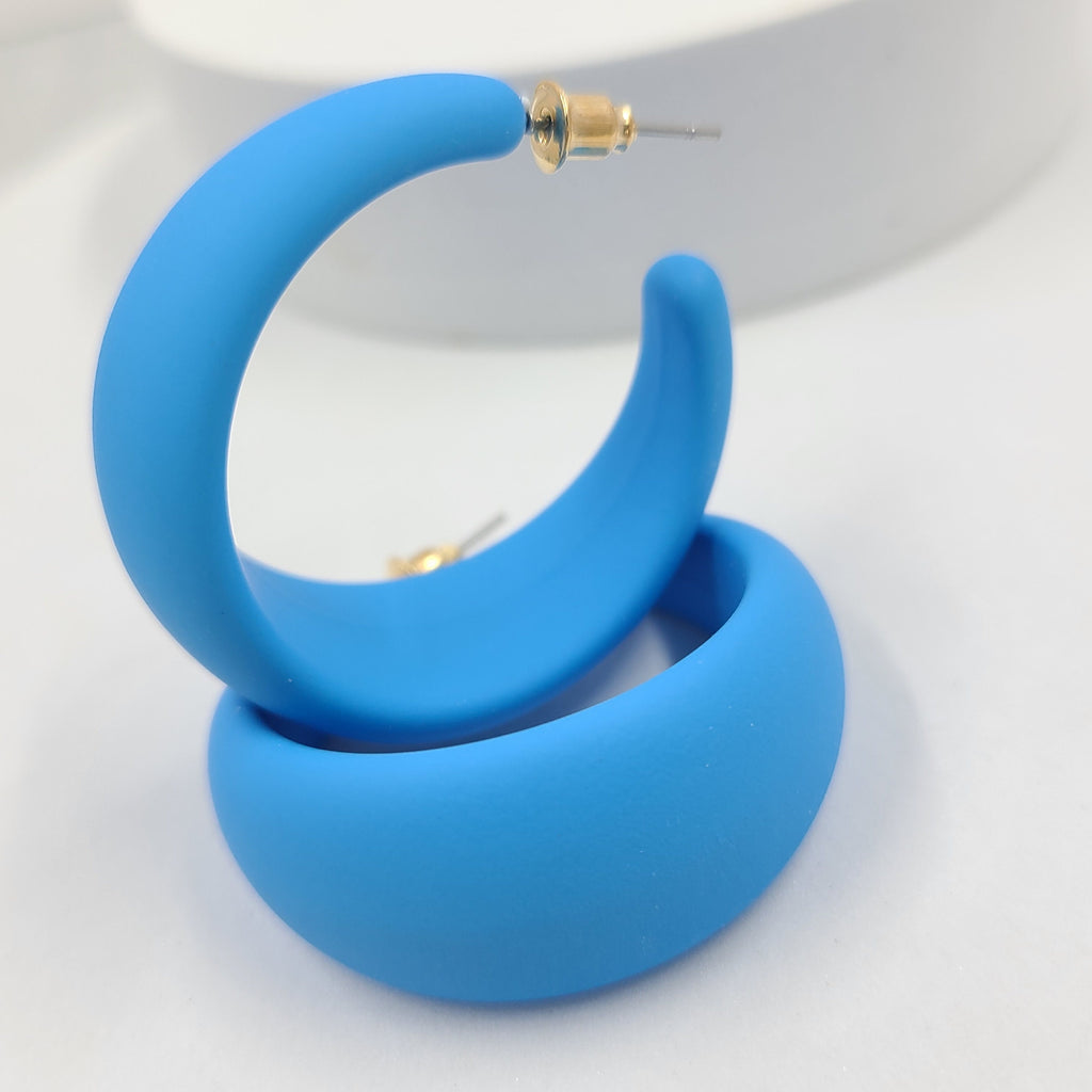Blue 80's Retro Smooth Matte Texture 1.5" Semi Wide Fashion Hoop Earrings