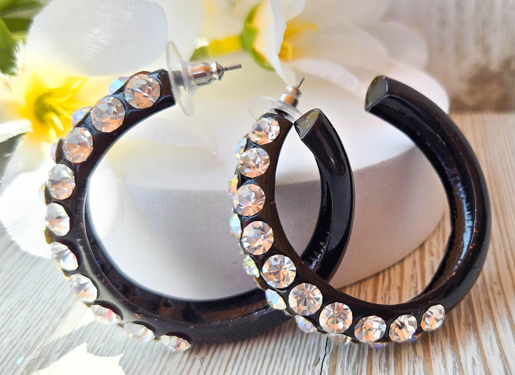 AB & Clear Large Rhinestones Bling Statement 1.75" Black Metal Hoop Earrings Night Out Boujee Evening Special Occasion Women's Jewelry