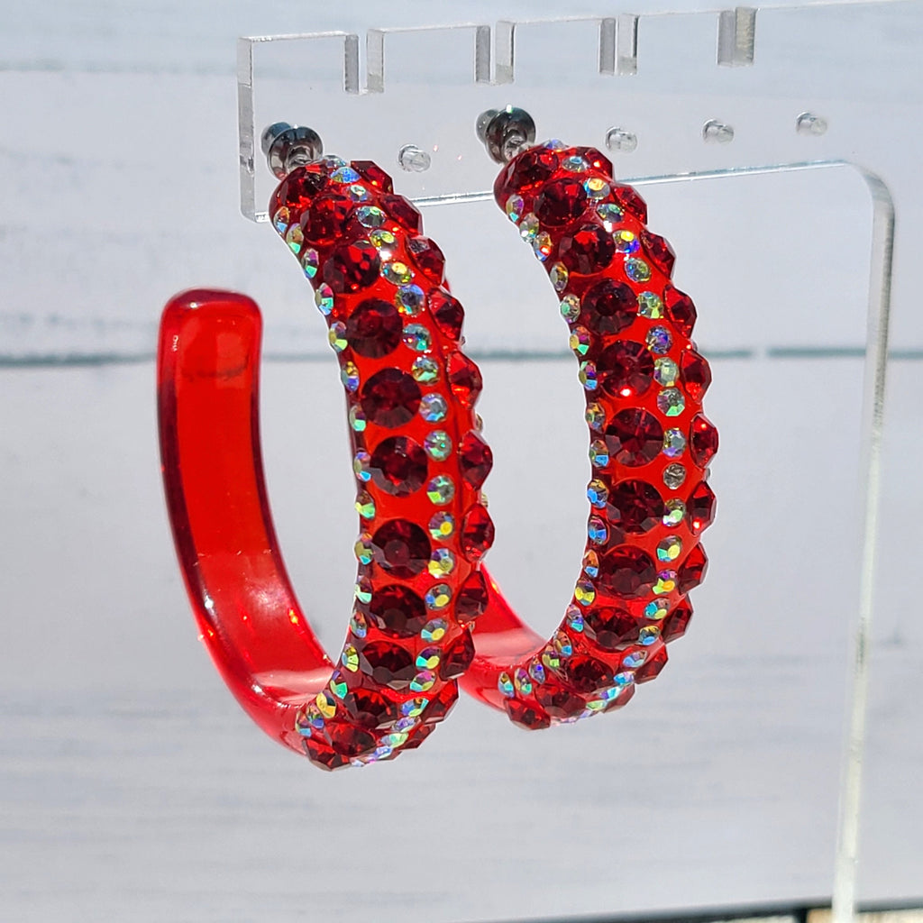 Translucent Red 5 Row Bling Statement Acrylic Lucite Red/AB Rhinestones 2" Women's Hoop Earrings Pageant Weddings Night Out