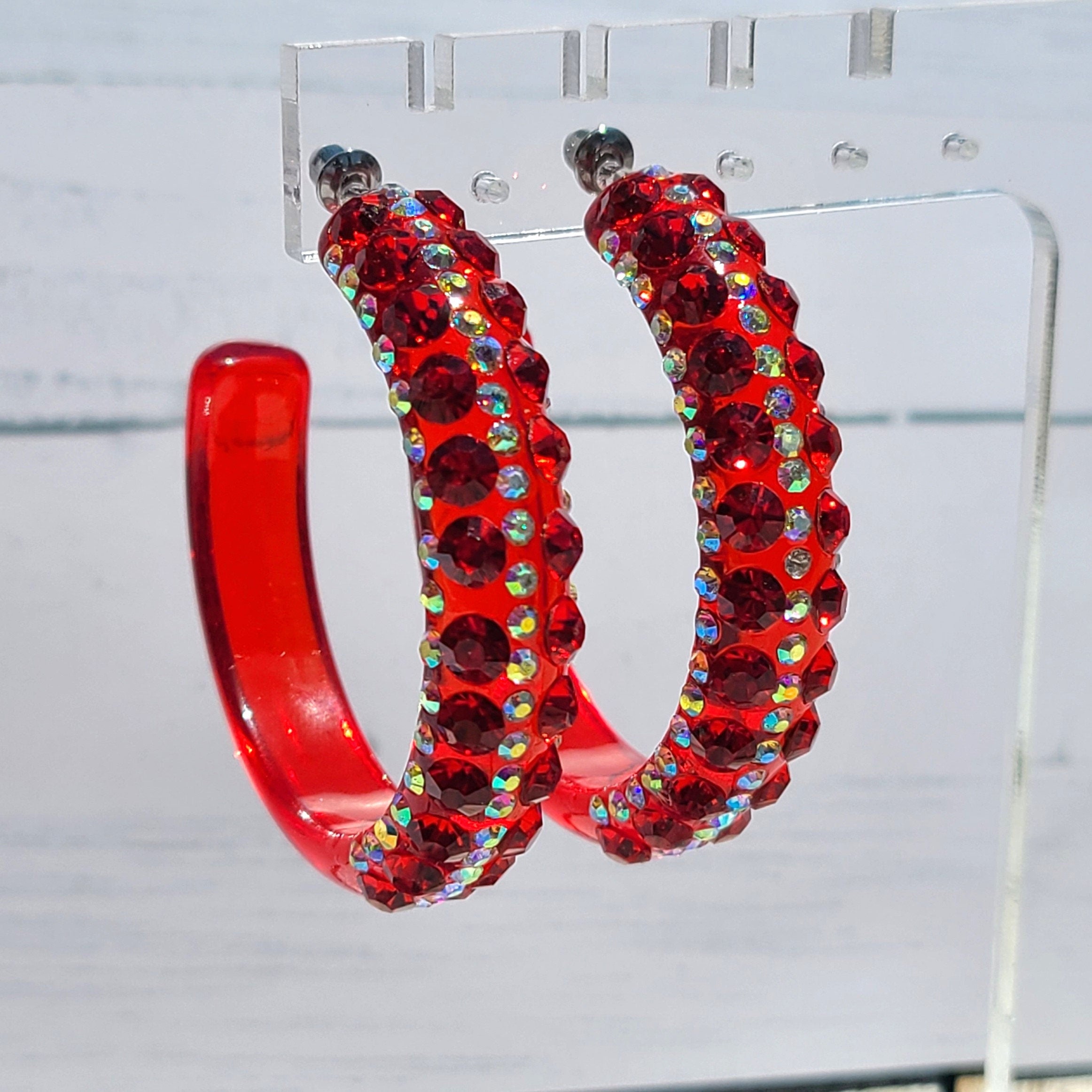 Translucent Red 5 Row Bling Statement Acrylic Lucite Red/AB Rhinestones 2" Women's Hoop Earrings Pageant Weddings Night Out