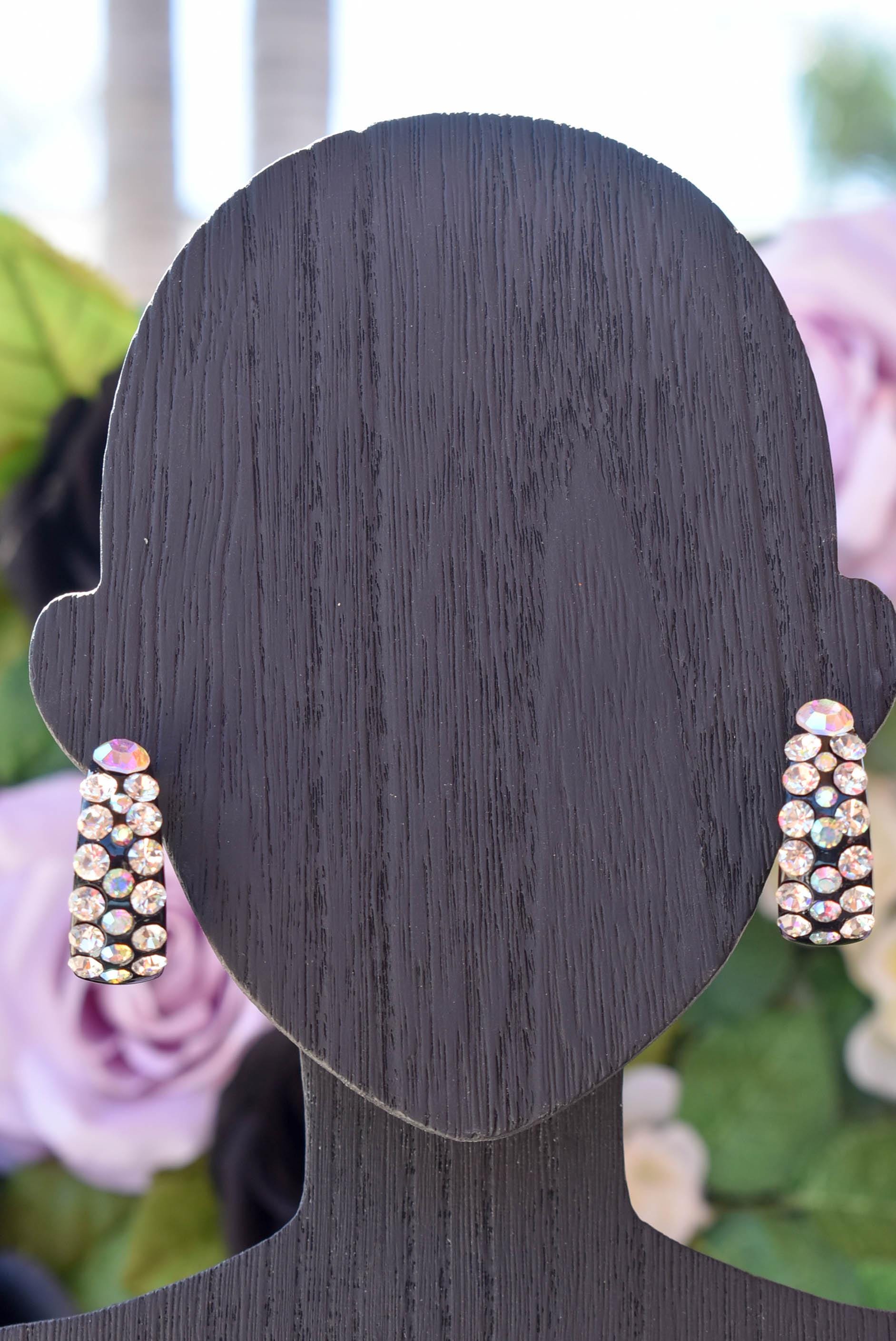 Black Bling Statement Semi Wide Clear/AB Rhinestones 1" Women's Hoop Earrings Pageant Weddings Night Out Diva Pageant