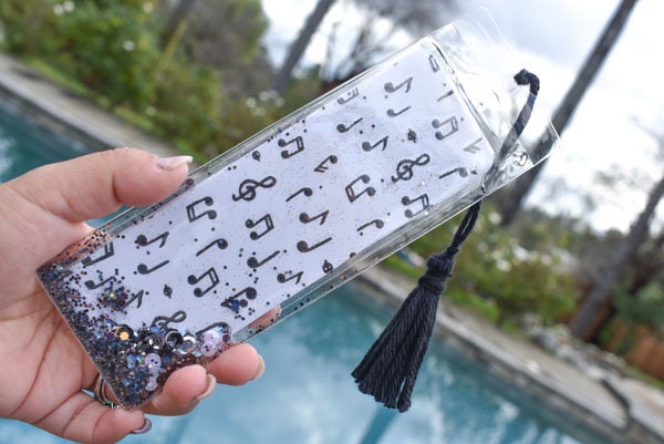Musical Note Print Theme Glitter & Sequin Shaker Bookmark Book Lovers Stocking Stuffer Gifts Kids Music Lovers