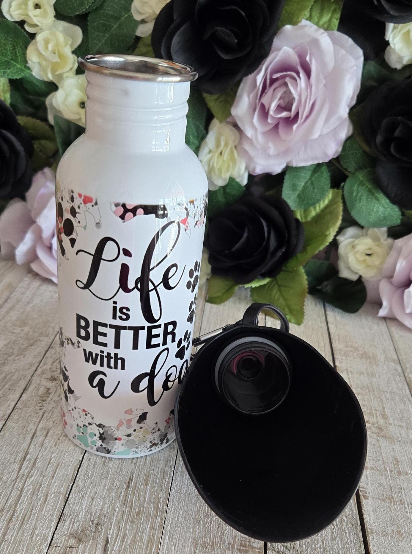 Life is Better with a Dog Portable Dog Water Bottle 20oz Stainless Steel Dog Lover Owner Puppy Pet Travel Water Bowl Mom Birthday Gift