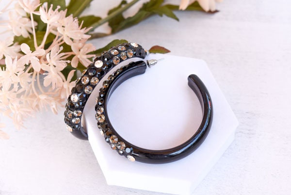 Black Diagonal Pattern Statement Acrylic Lucite Clear-Smoke-Black Rhinestones 2.5" Women's Hoop Earrings Pageant Weddings Night Out