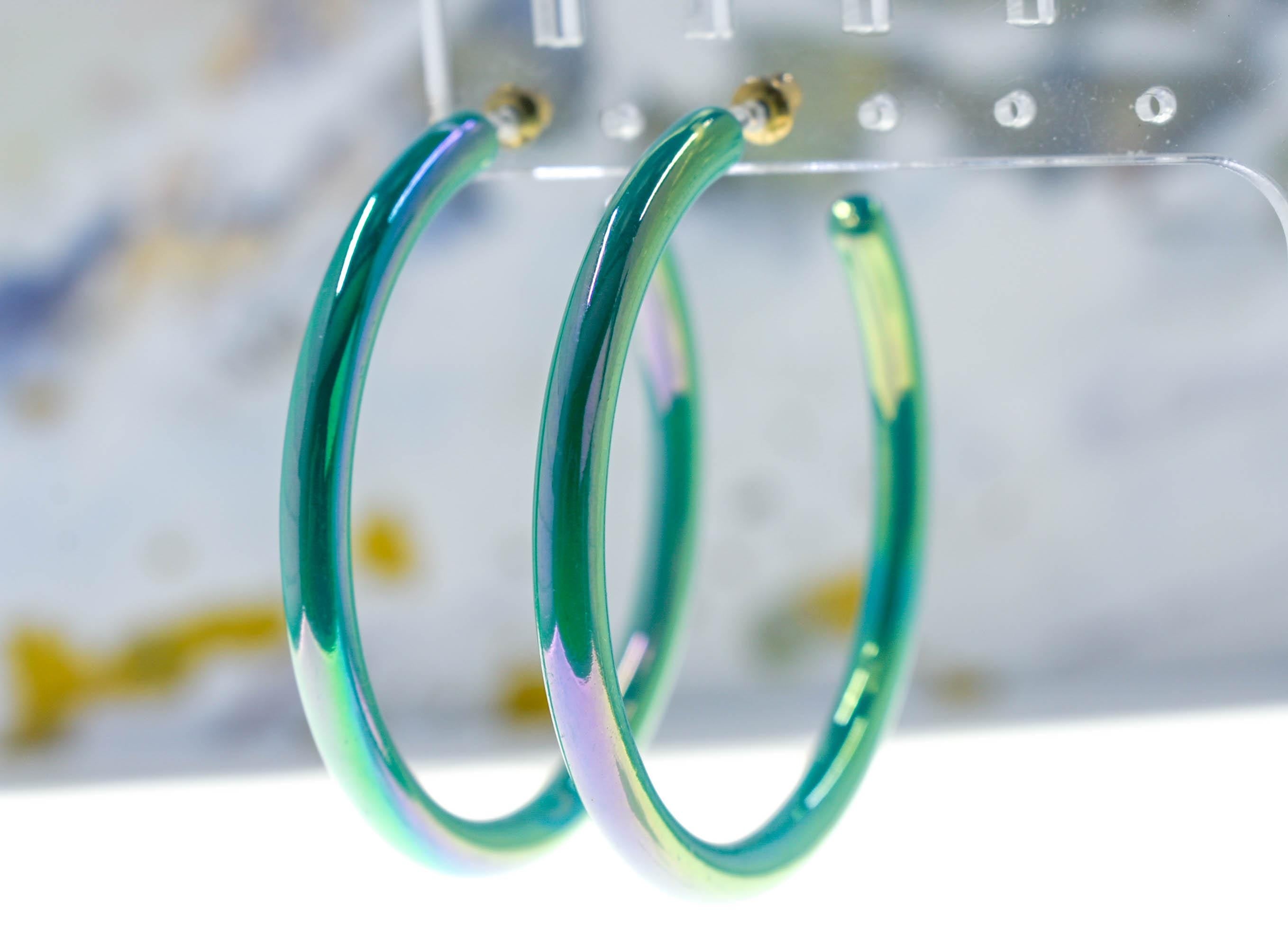 80s Iridescent Hoop Earrings: Mint Teal Groovy Statement Accessory