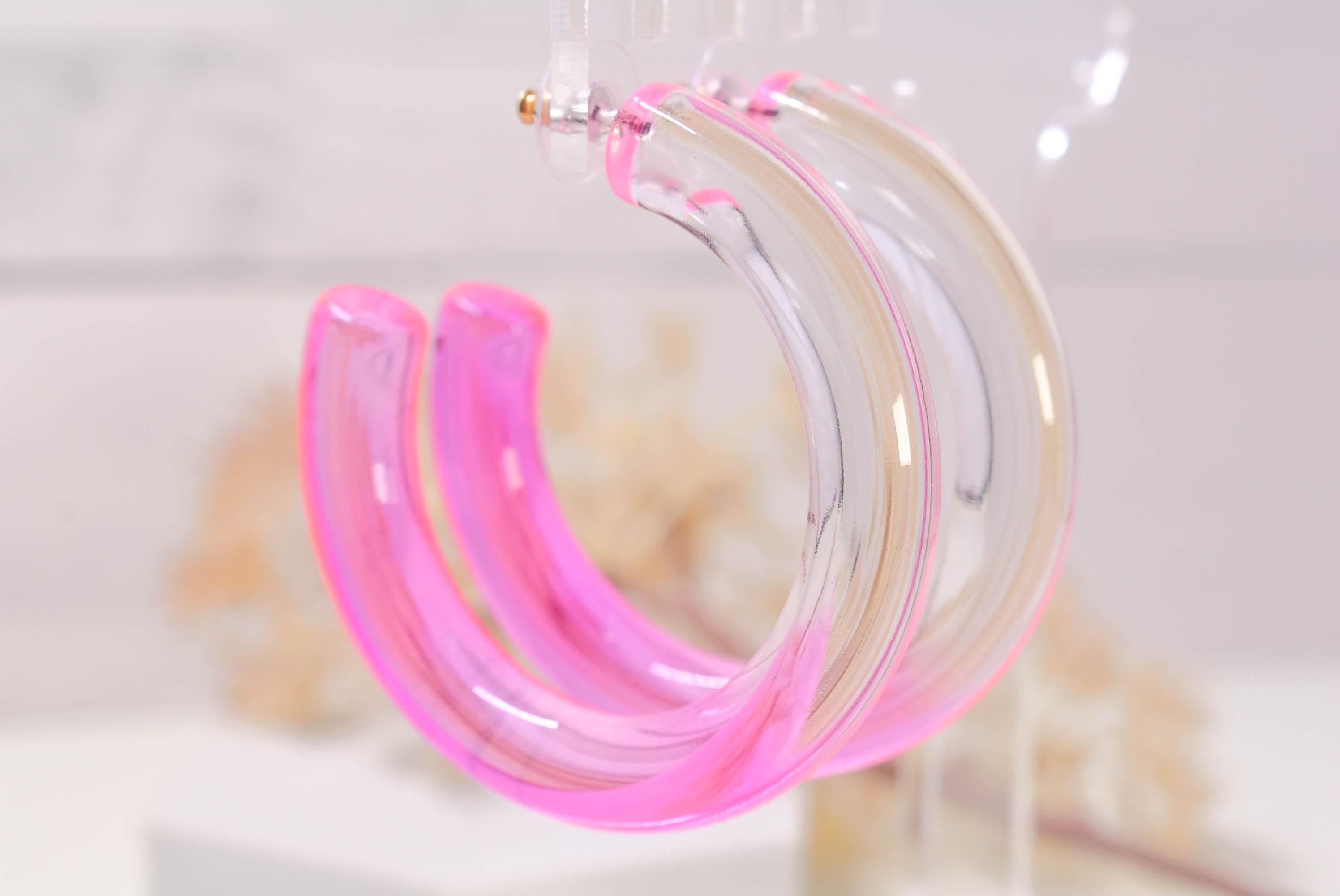 Translucent Gradient Clear Pink Retro Statement Chunky Lucite Ombre Hoop Earrings