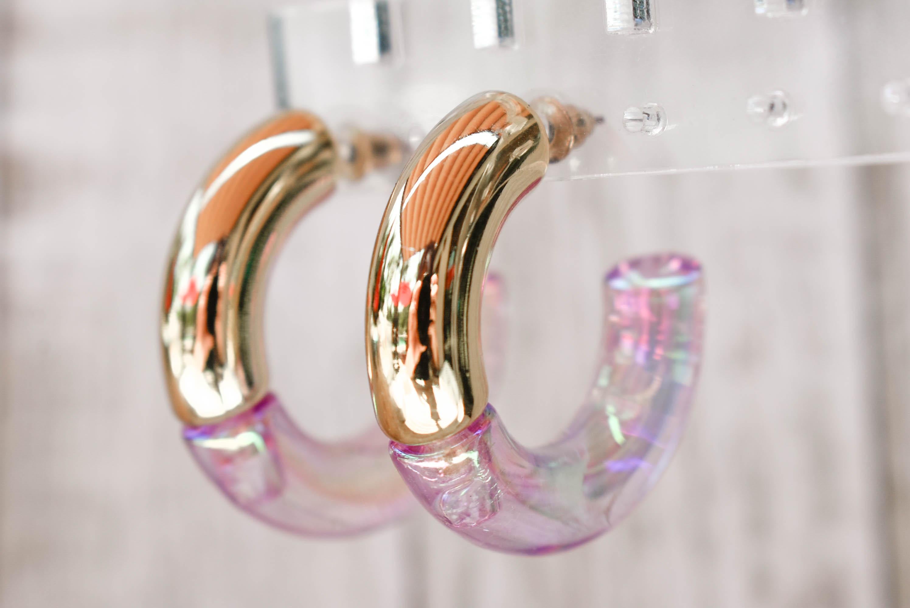 Two Toned Retro Gold Color/Iridescent Light Purple Translucent Lucite 1.5" Hoop Earrings