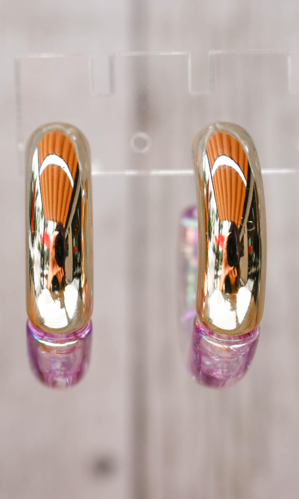 Two Toned Retro Gold Color/Iridescent Light Purple Translucent Lucite 1.5" Hoop Earrings