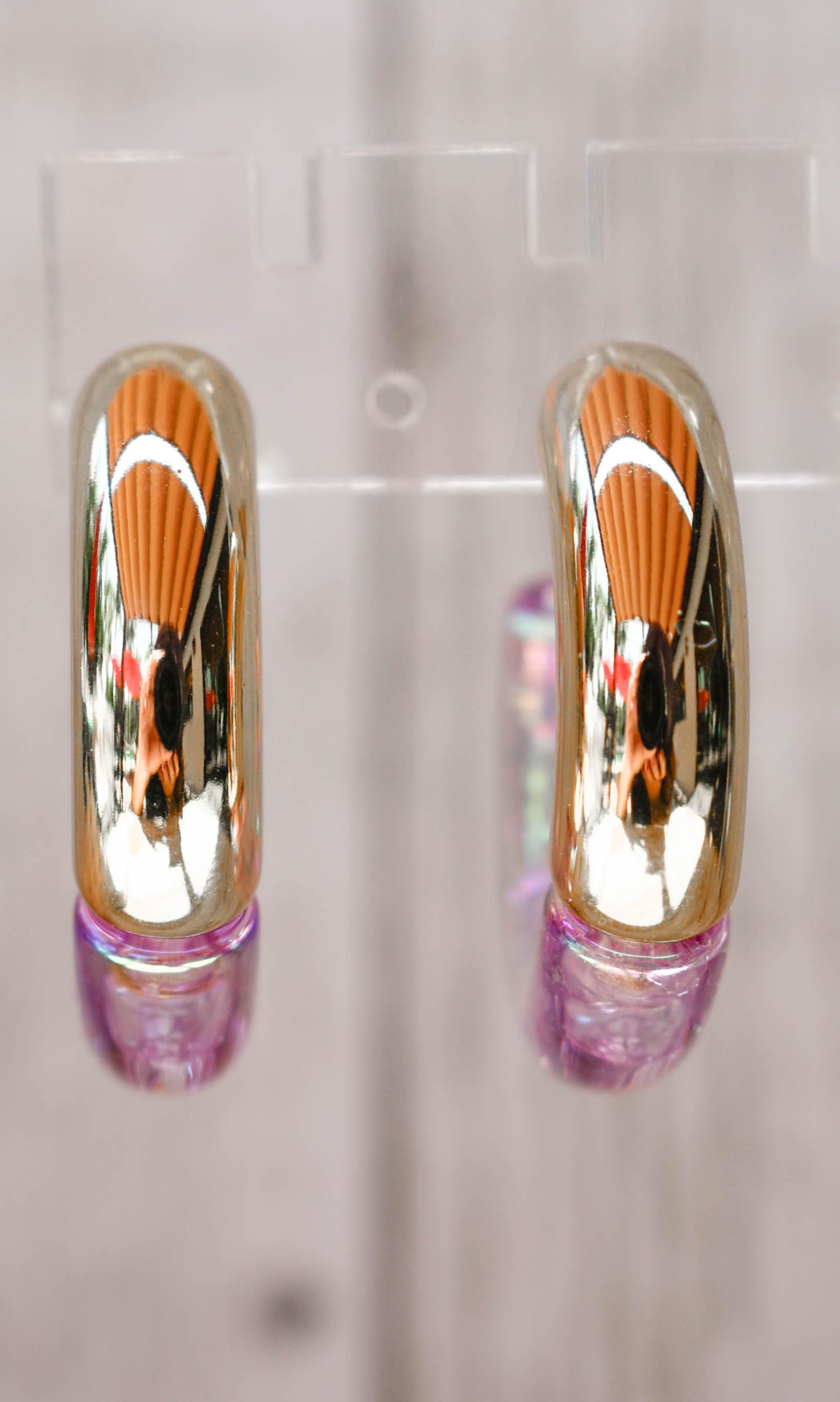 Two Toned Retro Gold Color/Iridescent Light Purple Translucent Lucite 1.5" Hoop Earrings