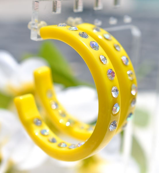 Yellow Color Single Row Bling Statement Lucite White Inner & Outer Rhinestones 2" Women's Hoop Earrings Pageant Weddings Night Out