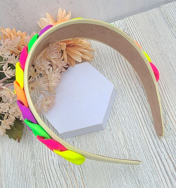 Colorful Retro 80's Vibe Satin Wide Headband with Neon Matte Chunky Chain Link Accent Costume Boho Hair Accessory Women Girls